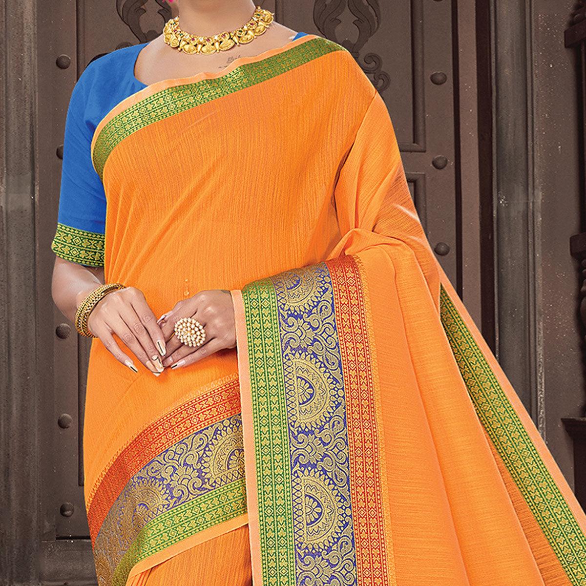 Orange Festive Wear Woven Cotton Handloom Saree - Peachmode
