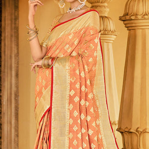 Orange Festive Wear Woven Cotton Handloom Saree - Peachmode