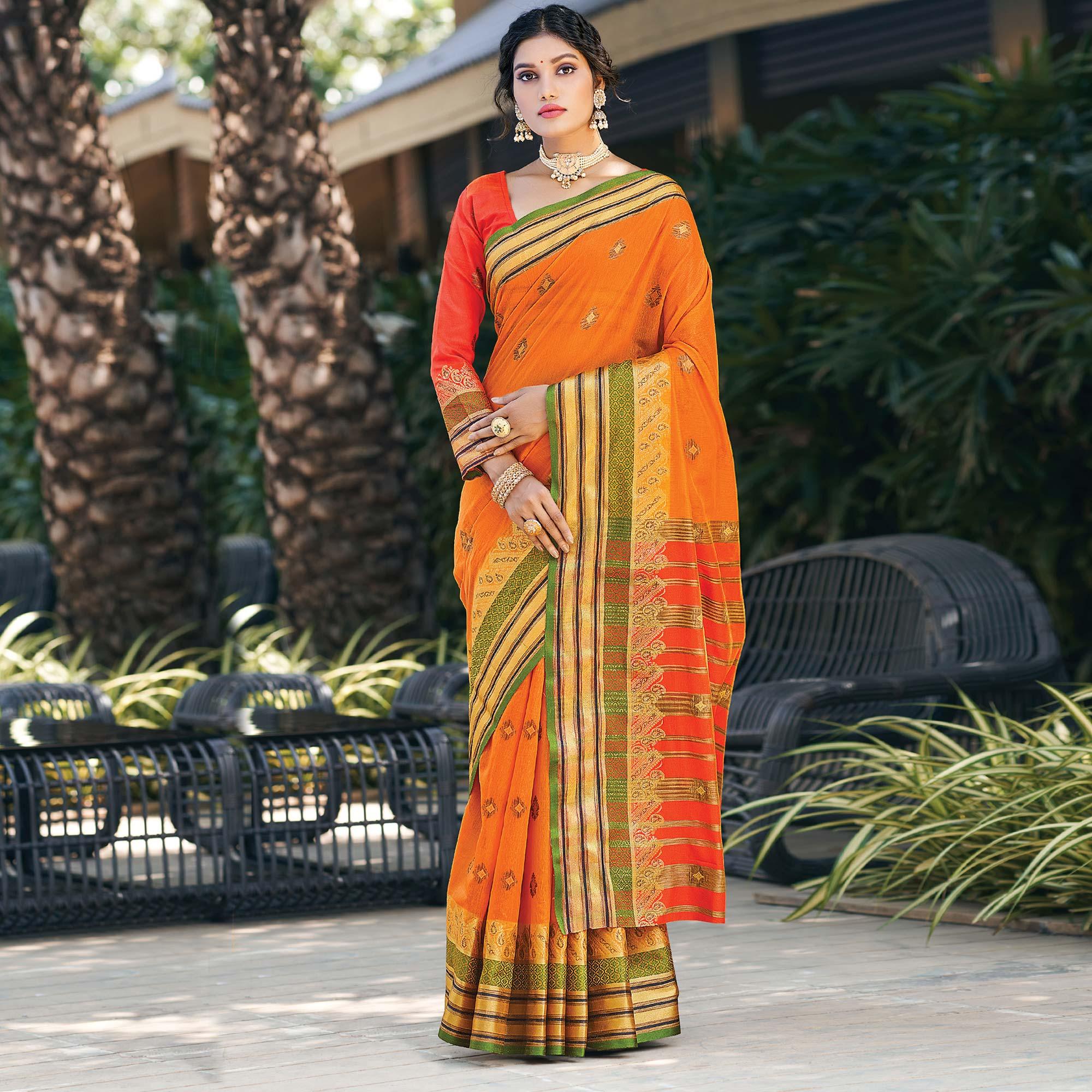 Orange Festive Wear Woven Cotton Saree - Peachmode