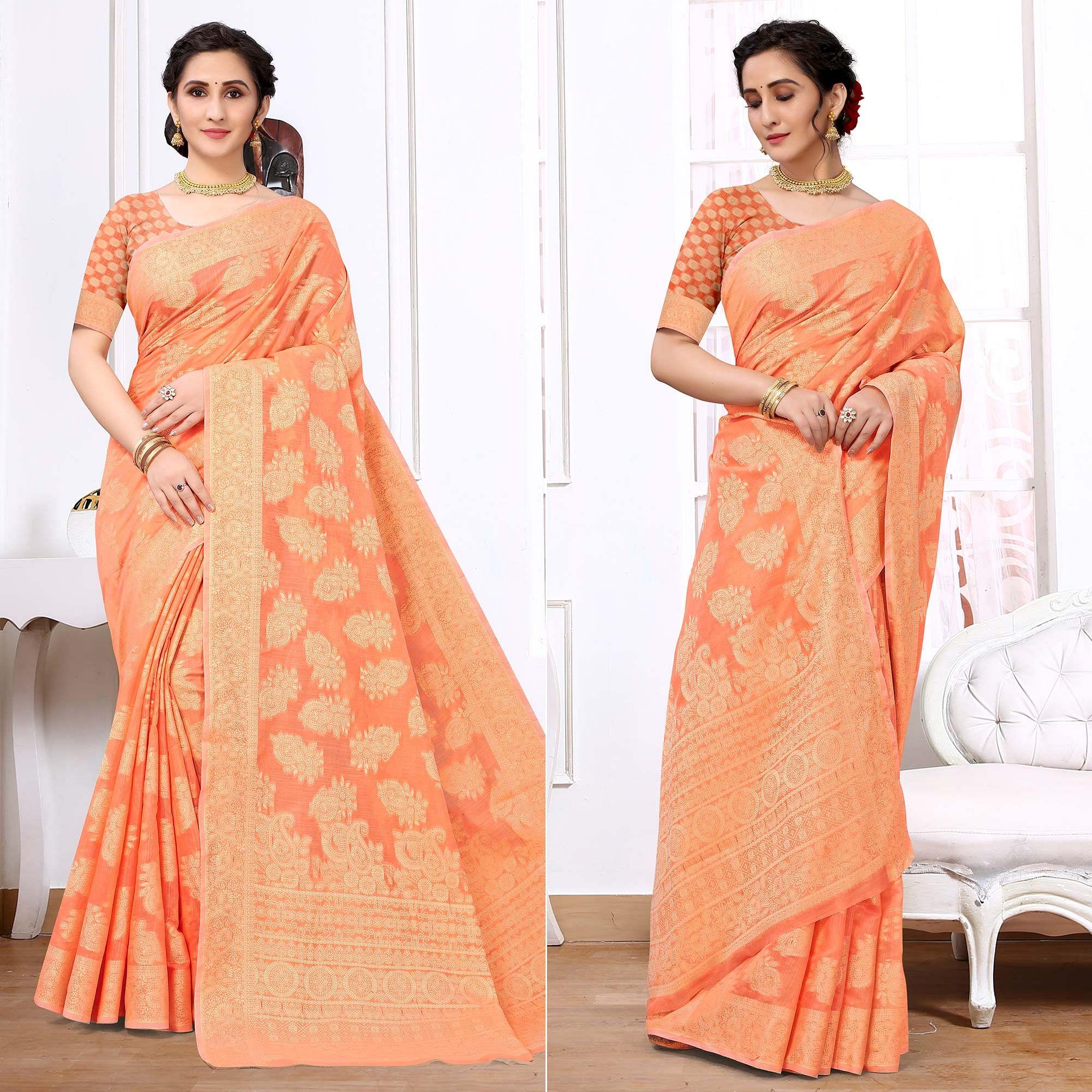 Orange Festive Wear Woven Cotton Saree - Peachmode