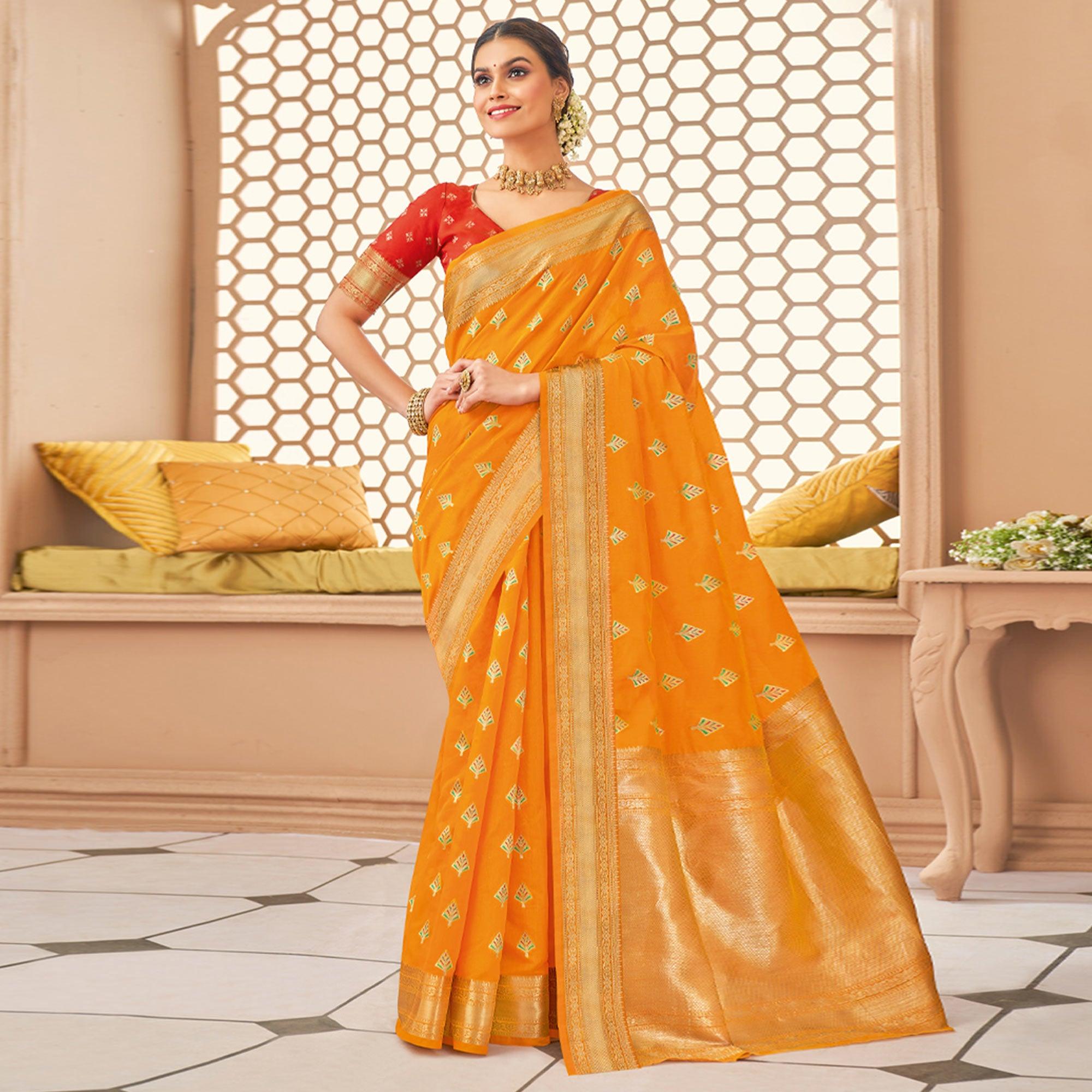 Orange Festive Wear Woven Cotton Saree - Peachmode