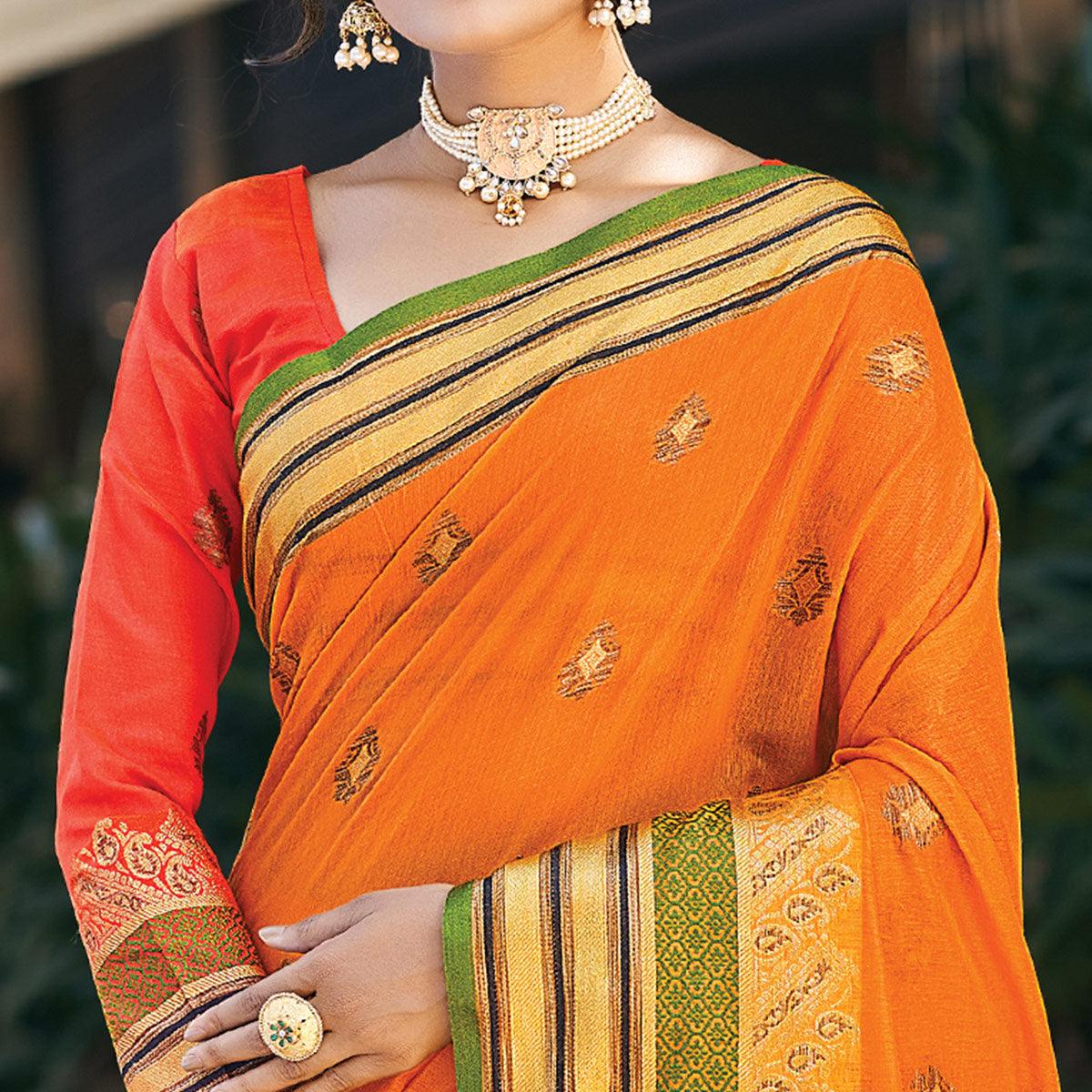Orange Festive Wear Woven Cotton Saree - Peachmode