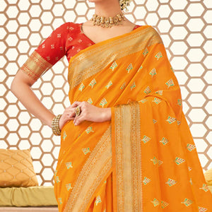 Orange Festive Wear Woven Cotton Saree - Peachmode