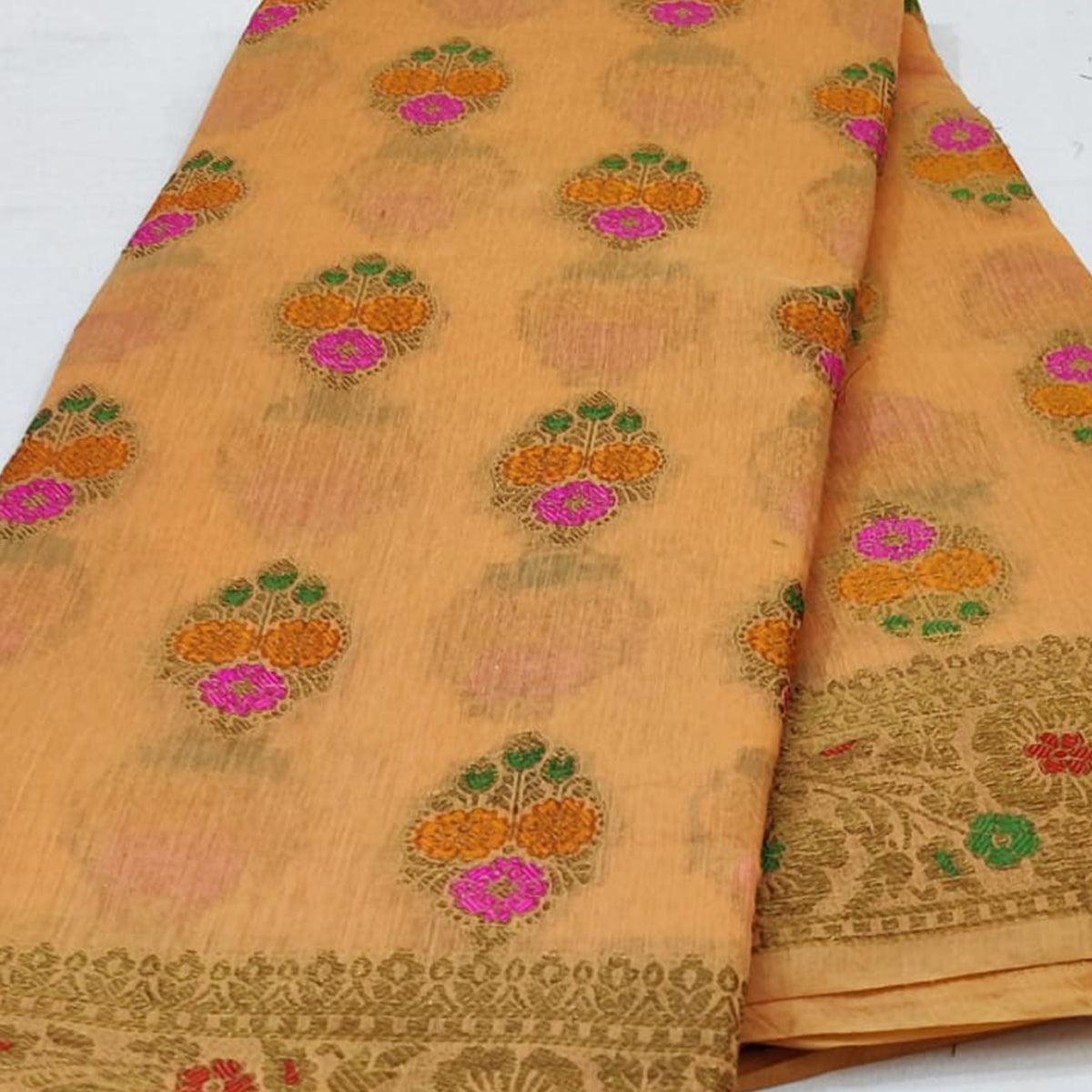 Orange Festive Wear Woven Cotton Saree With Meena Butta Pallu - Peachmode