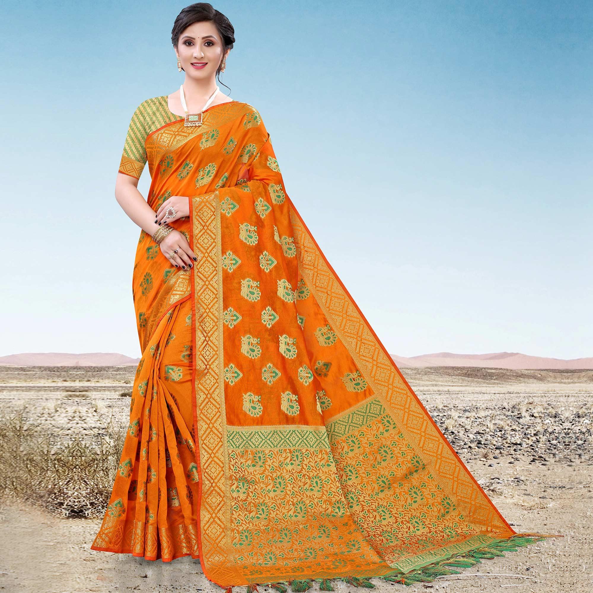 Orange Festive Wear Woven Cotton Saree With Tassels - Peachmode