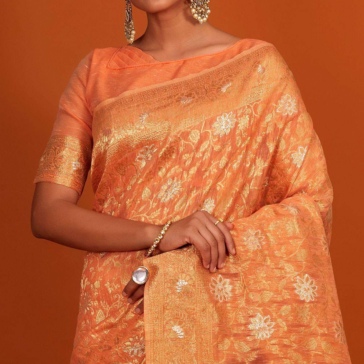 Orange Festive Wear Woven Cotton Saree With Tassels - Peachmode