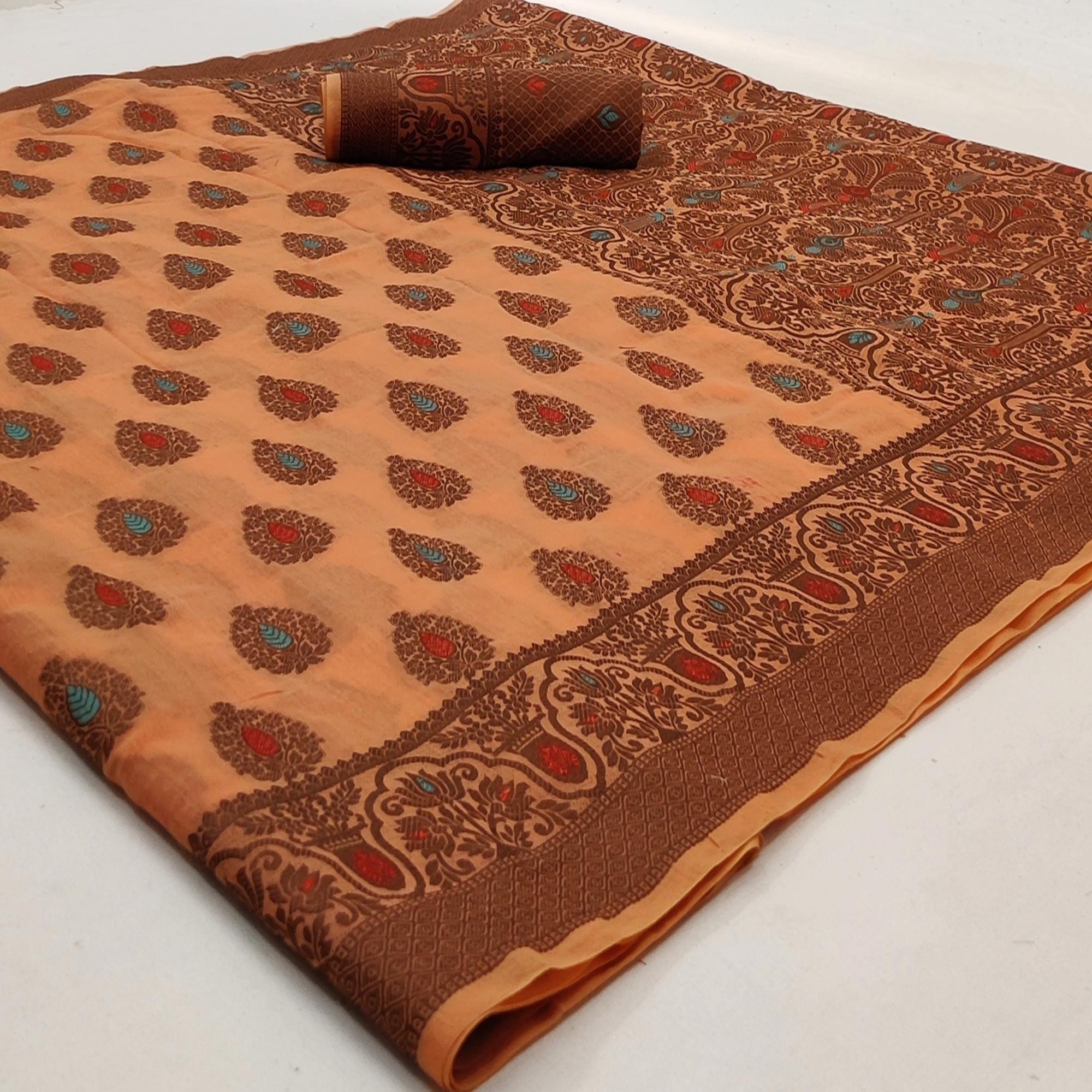 Orange Festive Wear Woven Cotton Silk Saree - Peachmode