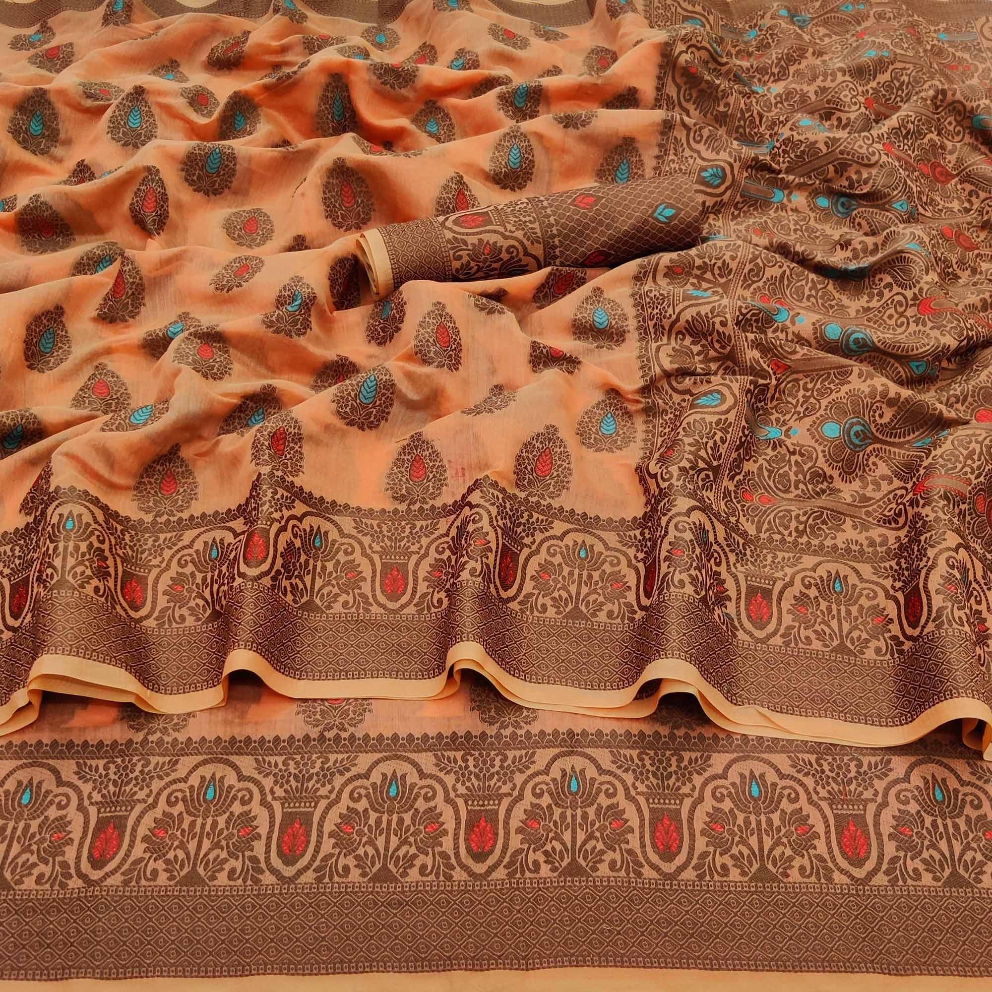 Orange Festive Wear Woven Cotton Silk Saree - Peachmode