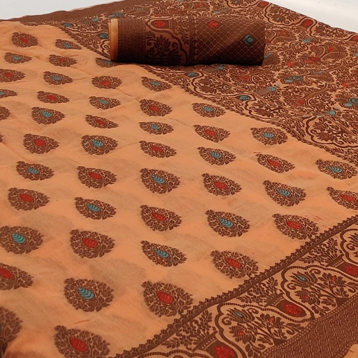 Orange Festive Wear Woven Cotton Silk Saree - Peachmode