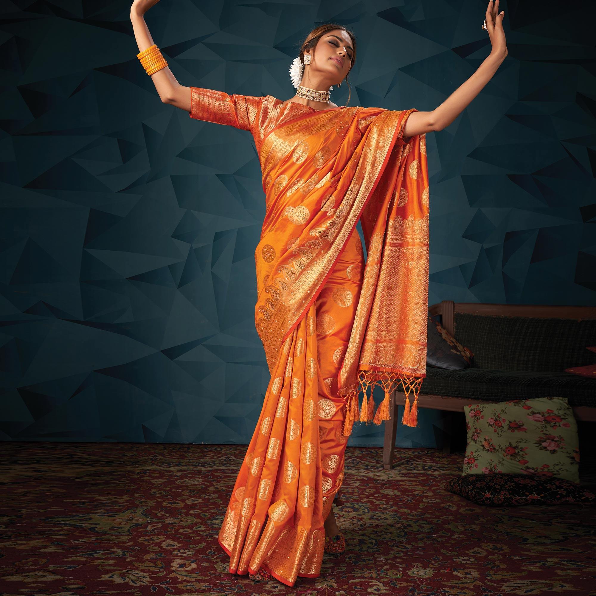 Orange Festive Wear Woven-Embellished Silk Saree With Tassels - Peachmode