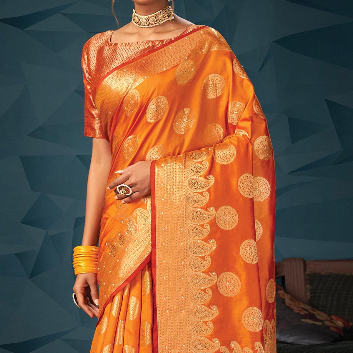 Orange Festive Wear Woven-Embellished Silk Saree With Tassels - Peachmode