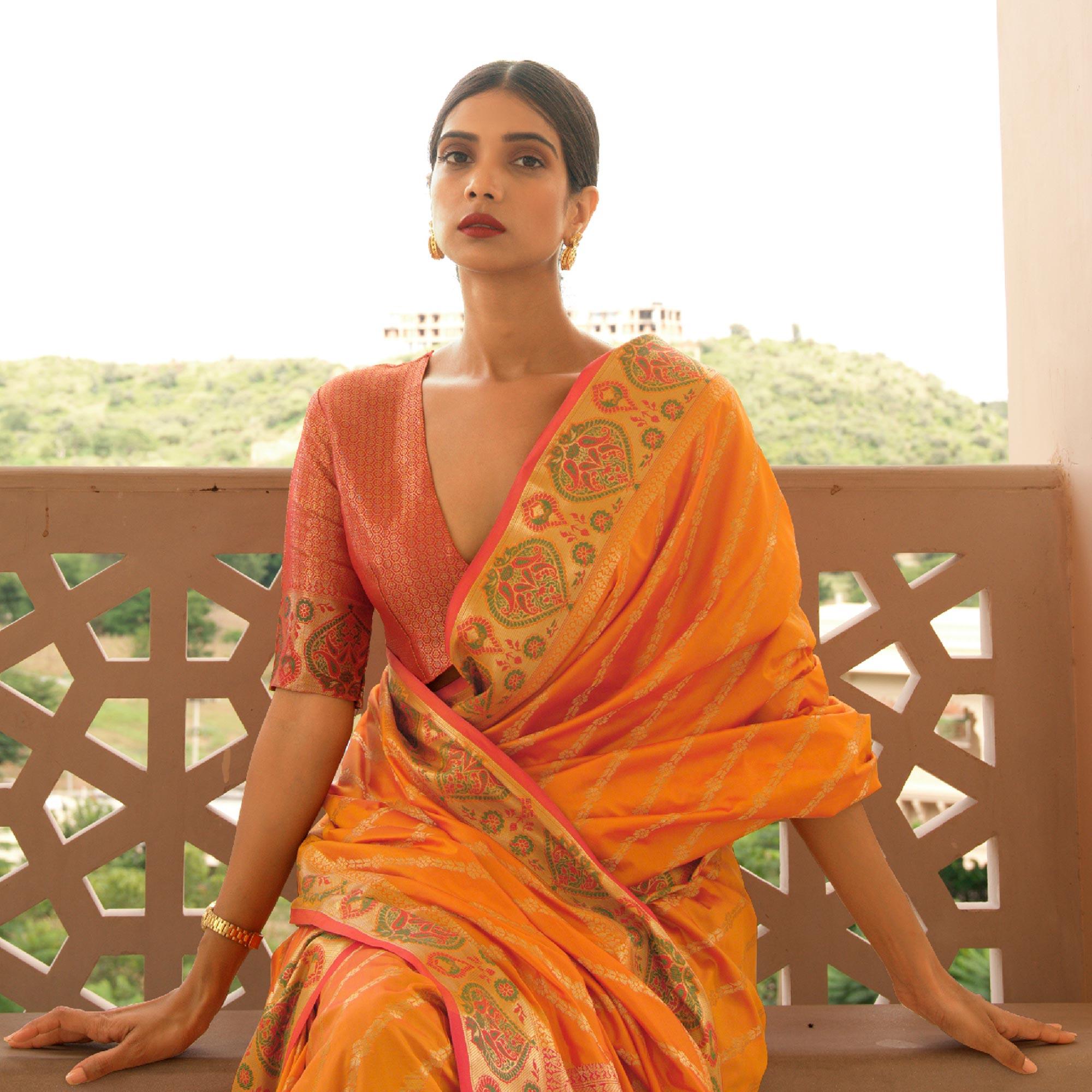 Orange Festive Wear Woven Handloom Saree - Peachmode