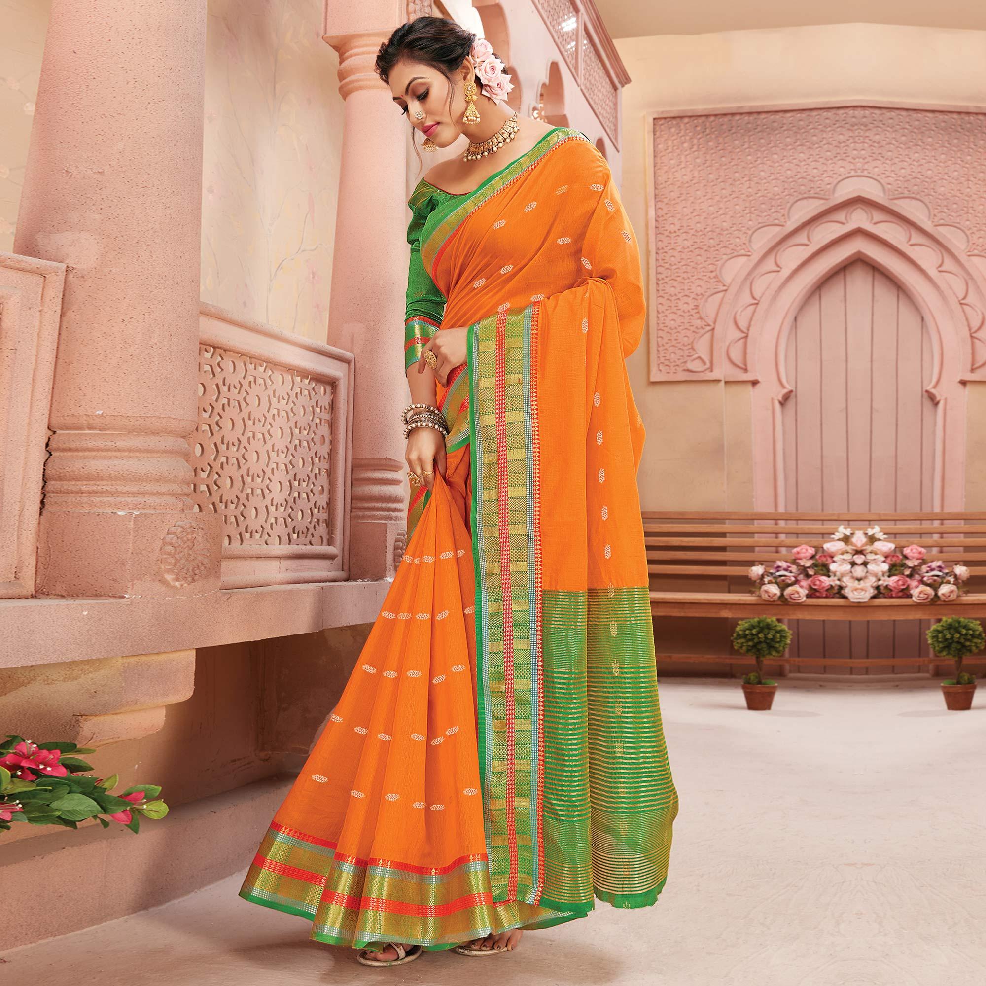 Orange Festive Wear Woven Handloom Silk Saree - Peachmode