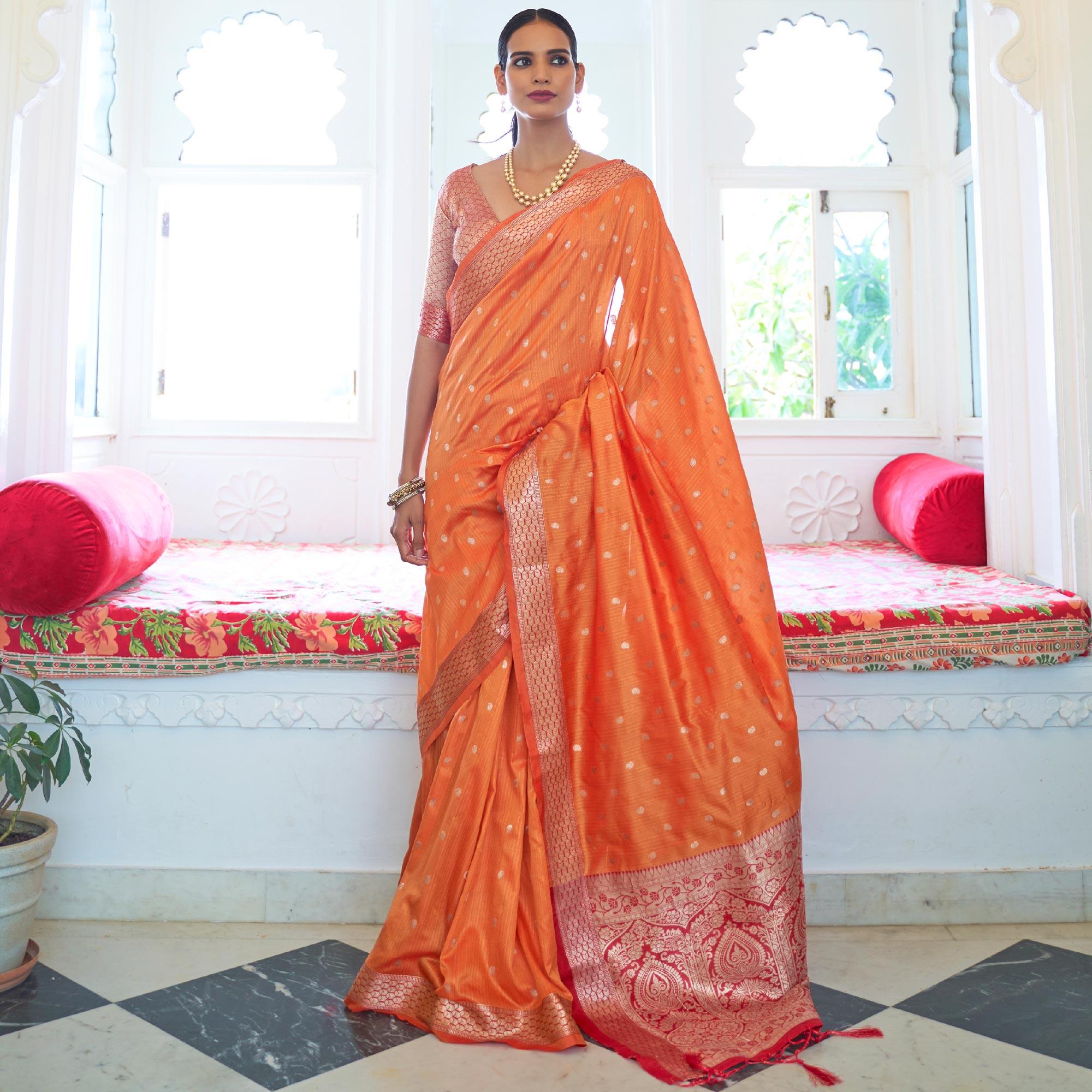 Orange Festive Wear Woven Handloom Silk Saree - Peachmode