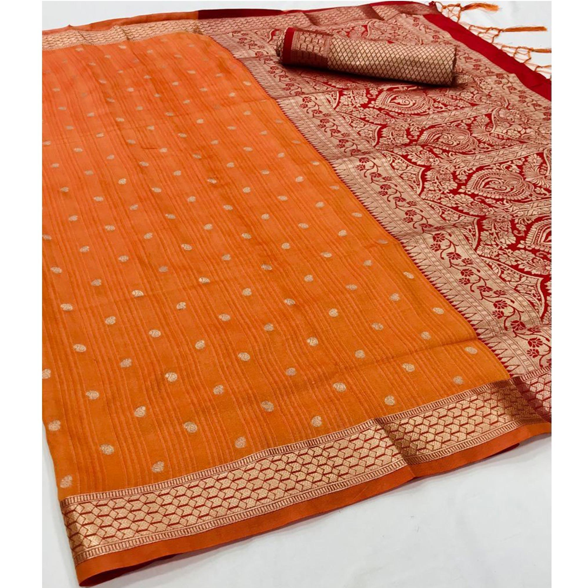 Orange Festive Wear Woven Handloom Silk Saree - Peachmode