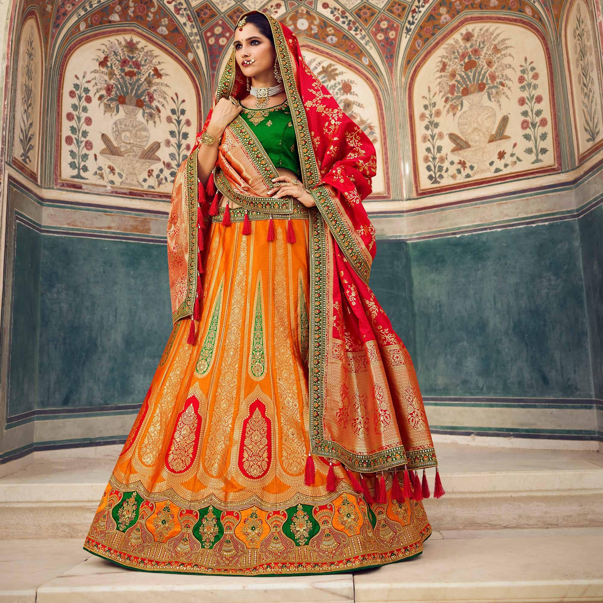 Orange Festive Wear Woven Heavy Banarasi Silk Lehenga Choli - Peachmode