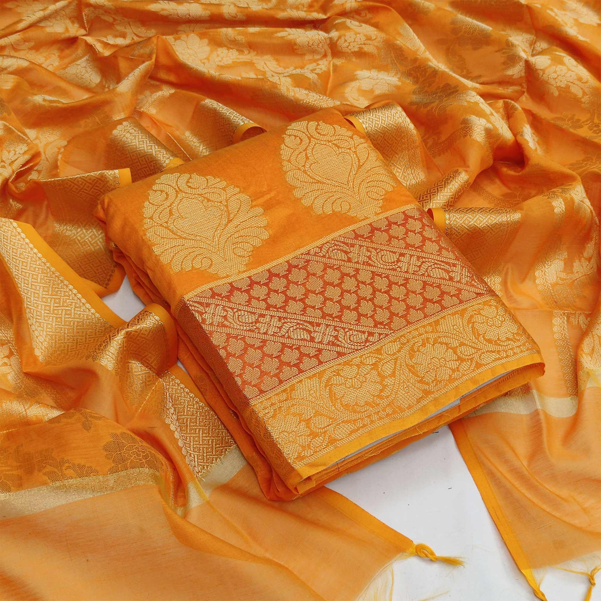 Orange Festive Wear Woven Jacquard Banarasi Silk Dress Material - Peachmode
