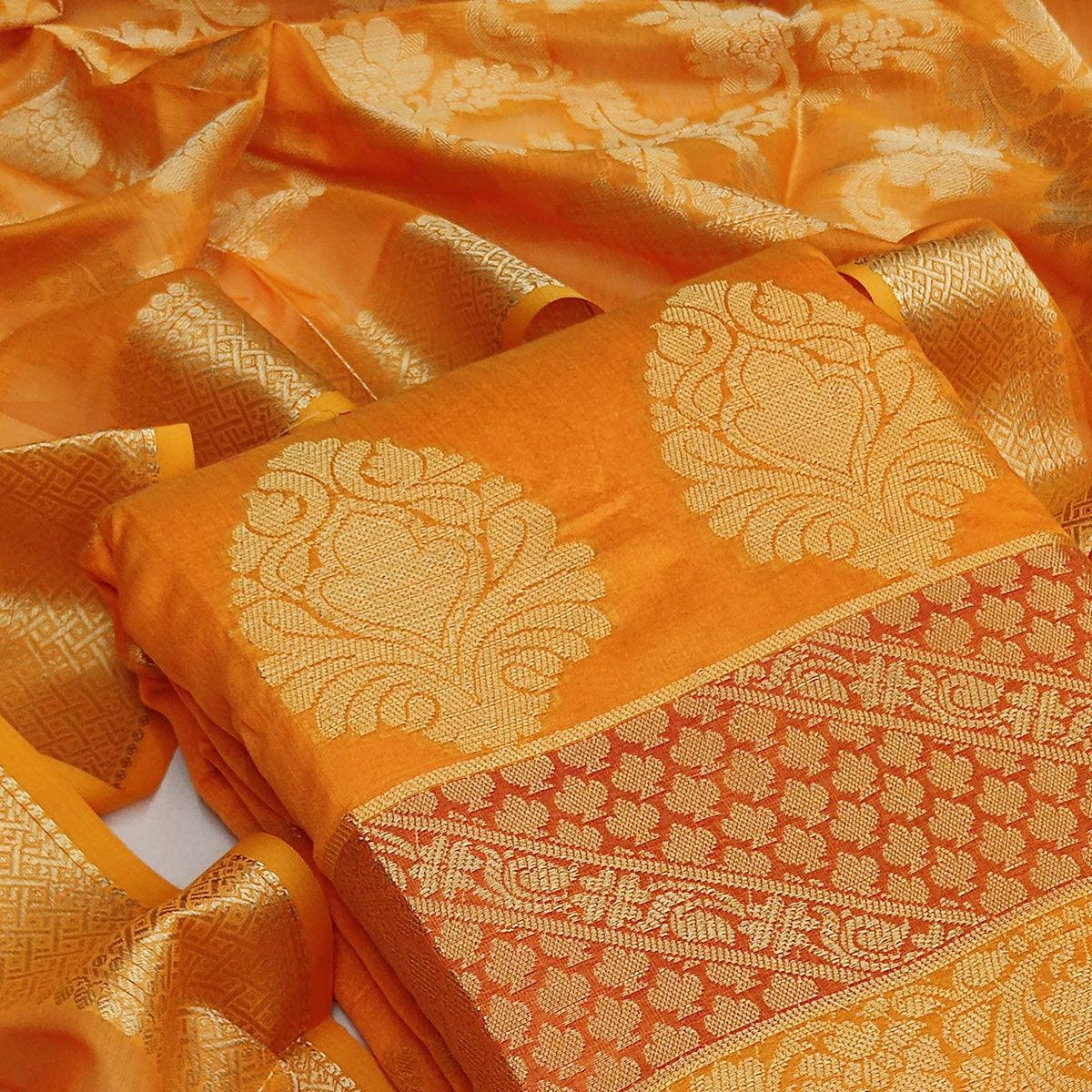 Orange Festive Wear Woven Jacquard Banarasi Silk Dress Material - Peachmode