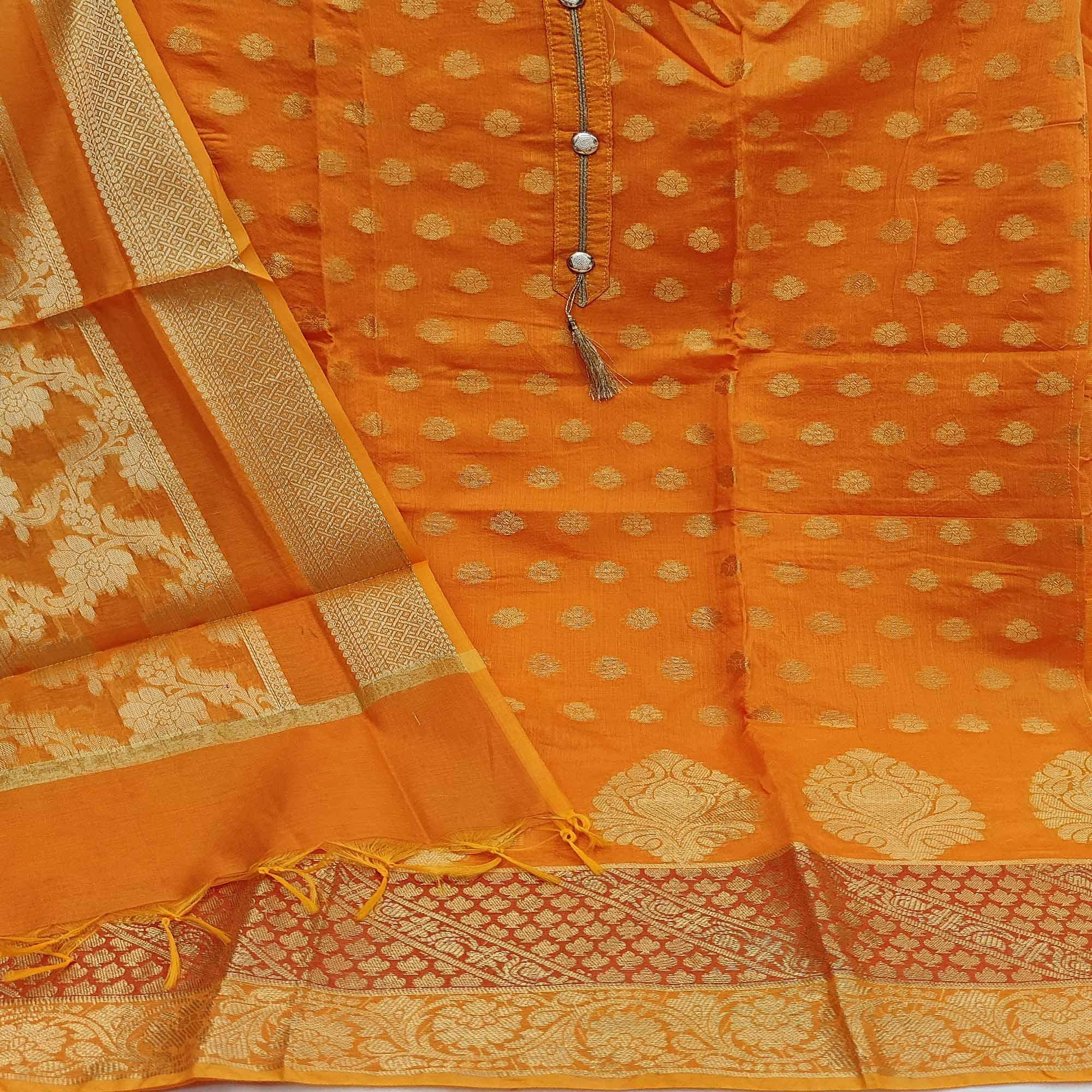 Orange Festive Wear Woven Jacquard Banarasi Silk Dress Material - Peachmode