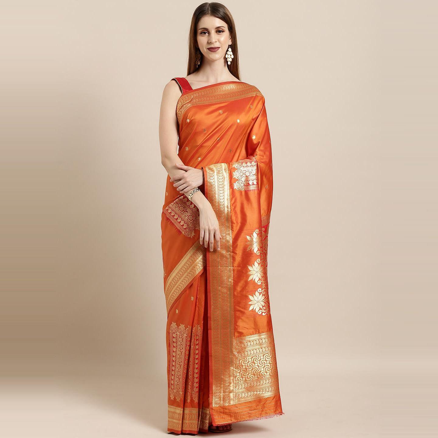 Orange Festive Wear Woven Kanjivaram Silk Saree - Peachmode