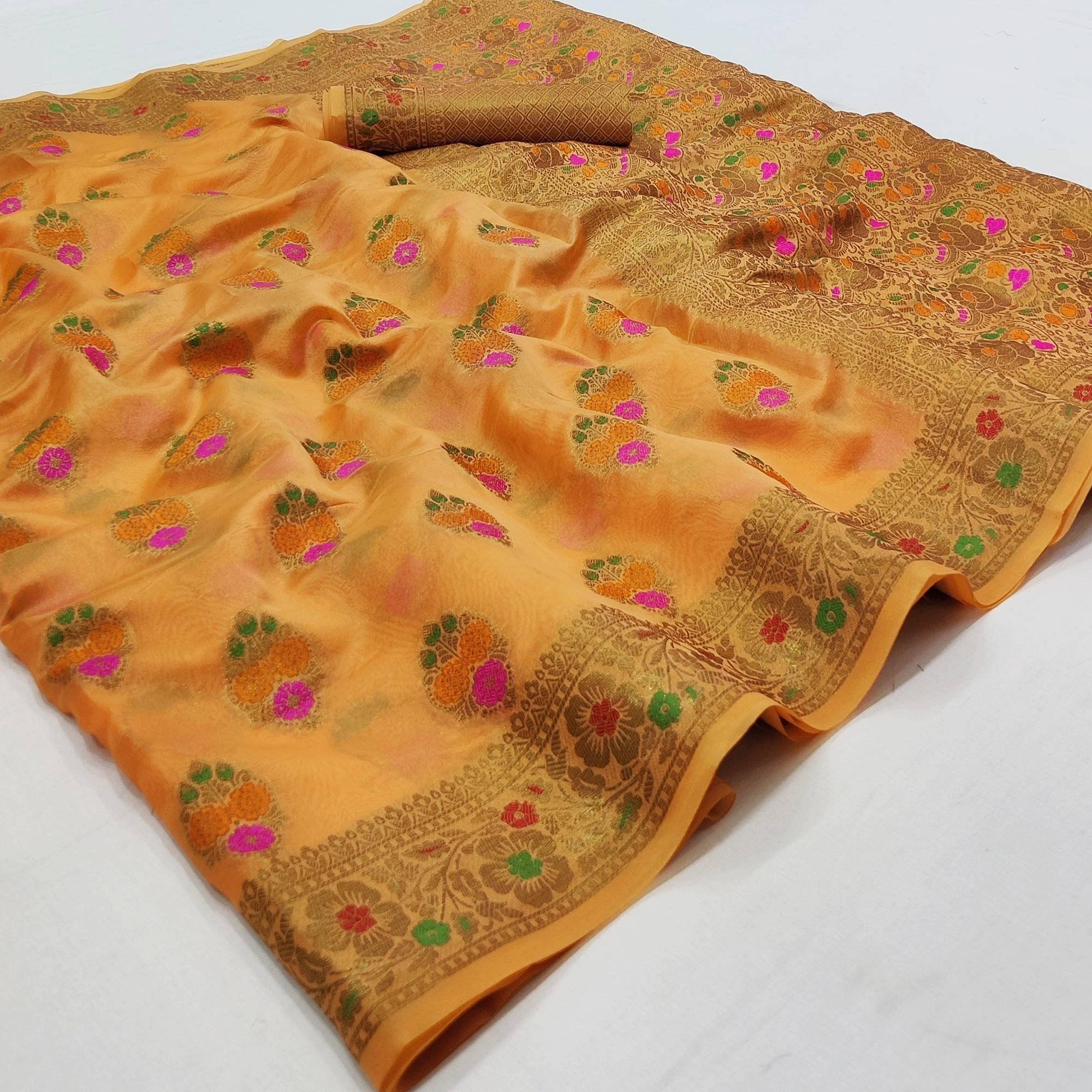Orange Festive Wear Woven Organza Saree - Peachmode