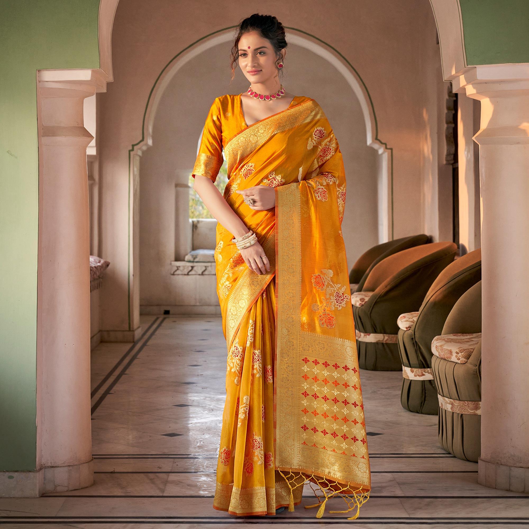 Orange Festive Wear Woven Organza Saree - Peachmode