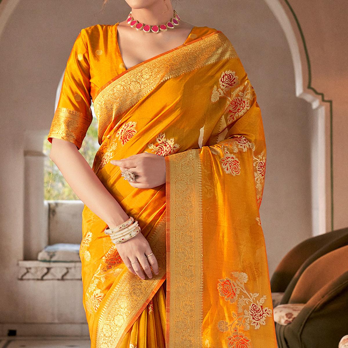 Orange Festive Wear Woven Organza Saree - Peachmode