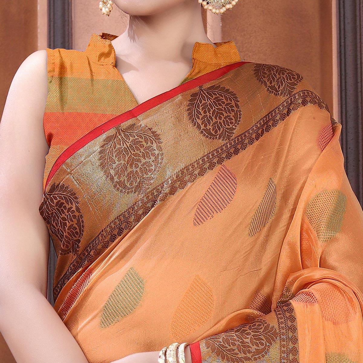 Orange Festive Wear Woven Organza Saree - Peachmode