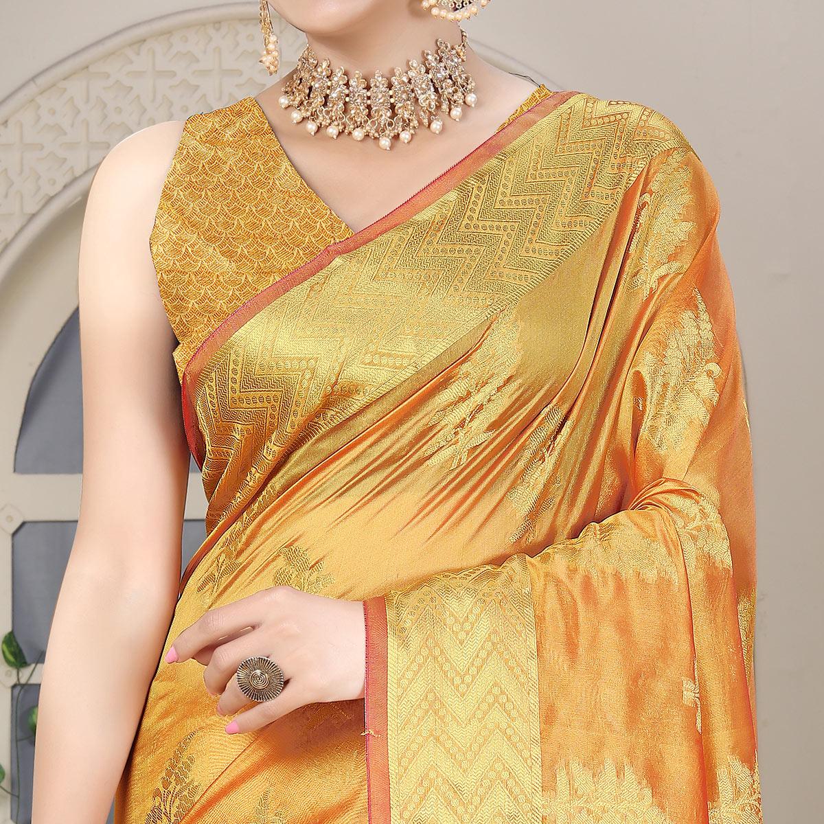 Orange Festive Wear Woven Organza Saree - Peachmode
