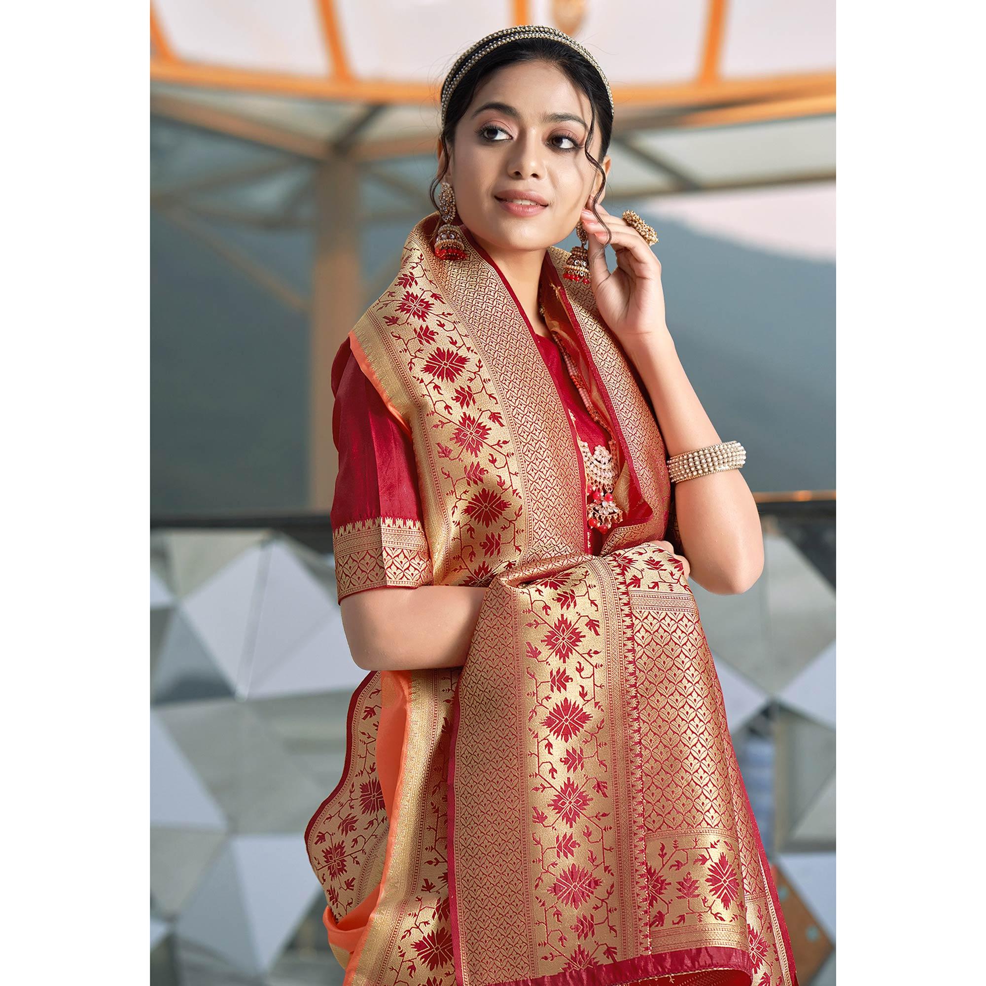 Orange Festive Wear Woven Silk Organza Saree - Peachmode