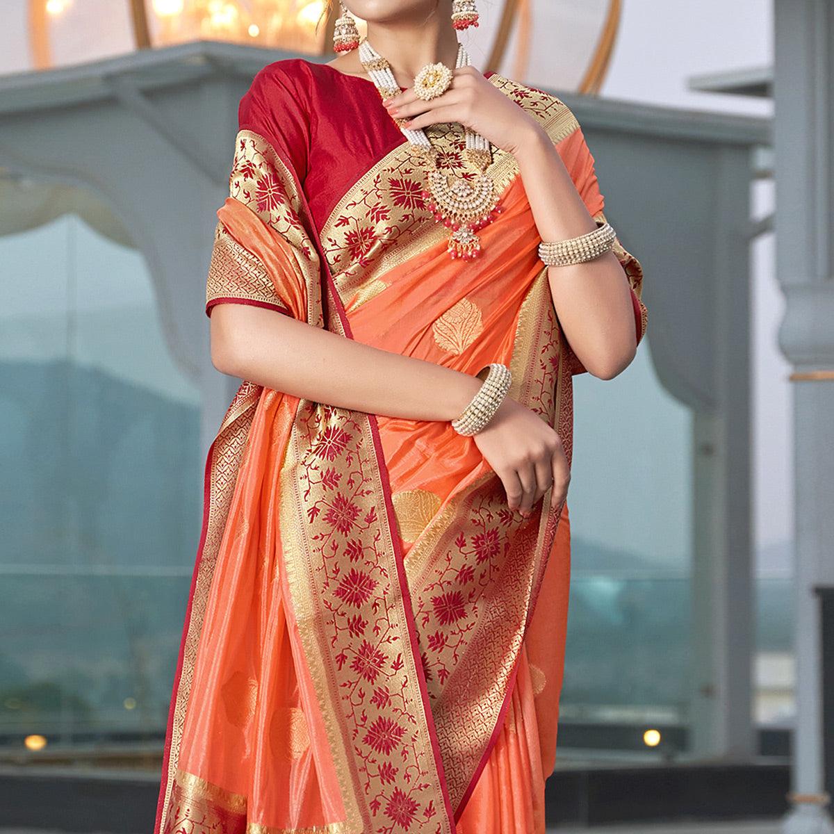 Orange Festive Wear Woven Silk Organza Saree - Peachmode