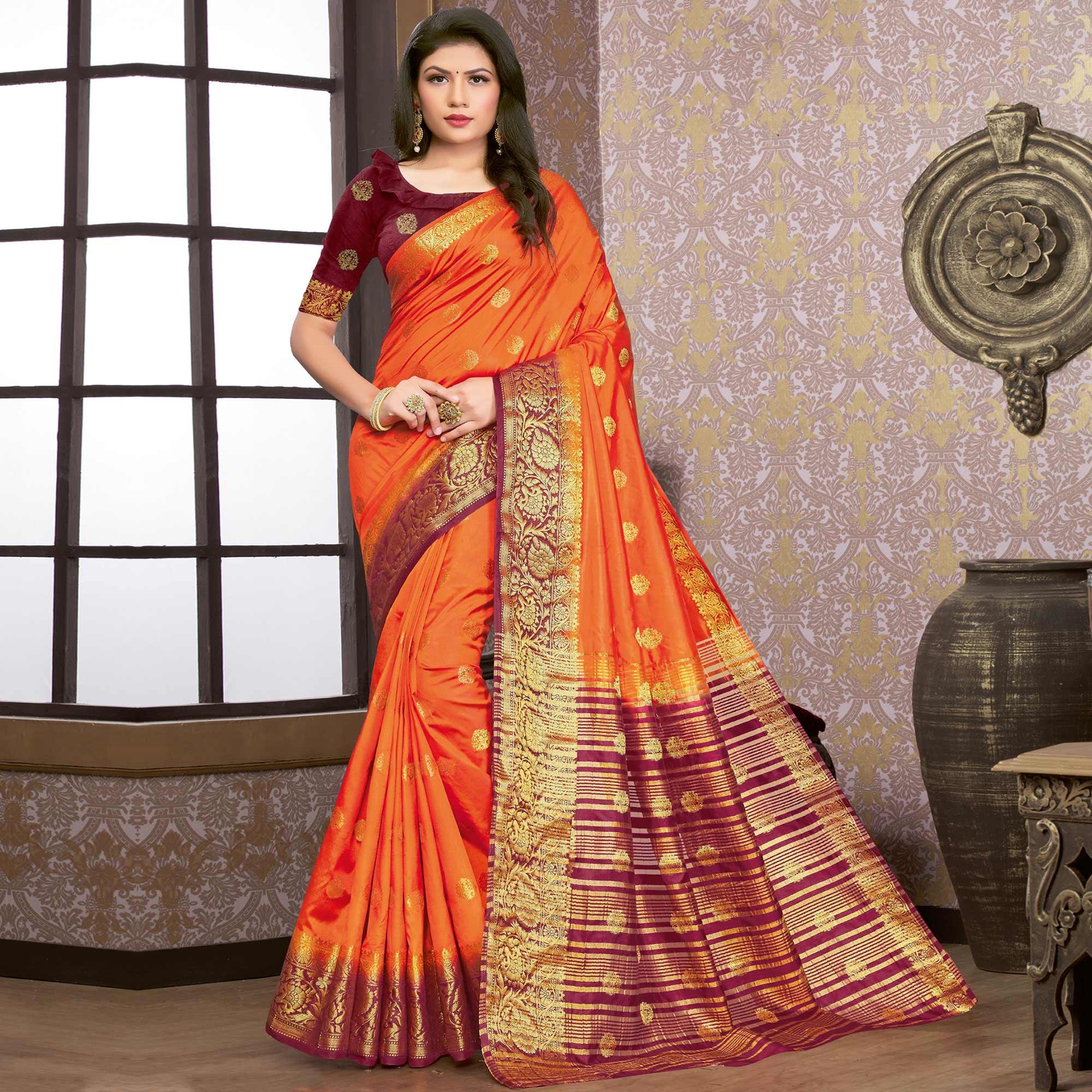 Orange Festive Wear Woven Silk Saree - Peachmode
