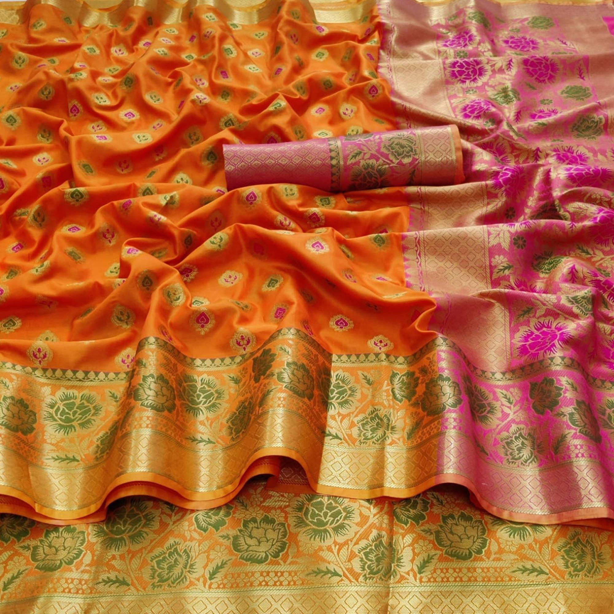 Orange Festive Wear Woven Silk Saree - Peachmode