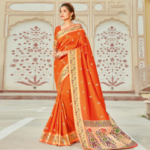 Orange Festive Wear Woven Silk Saree - Peachmode