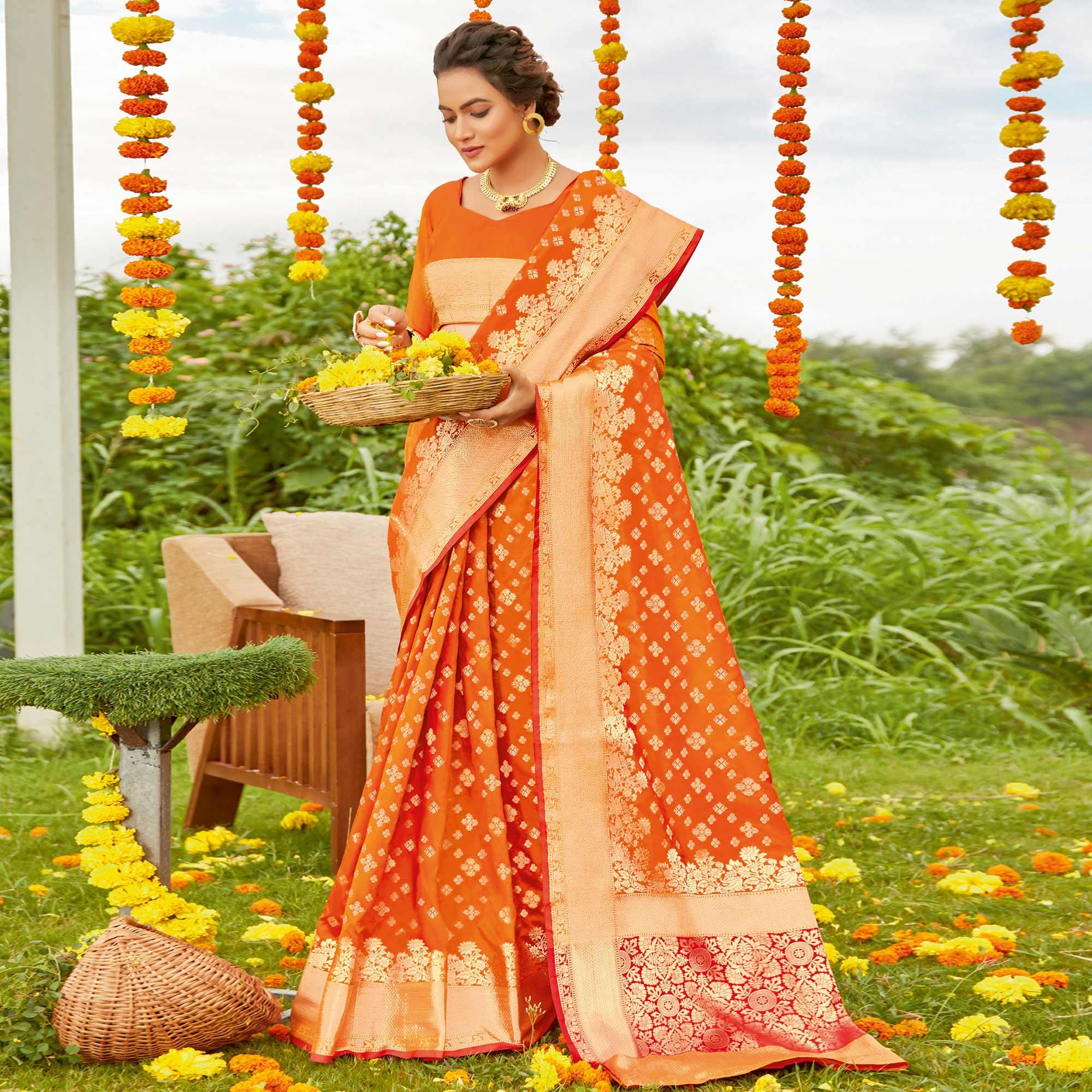 Orange Festive Wear Woven Silk Saree - Peachmode