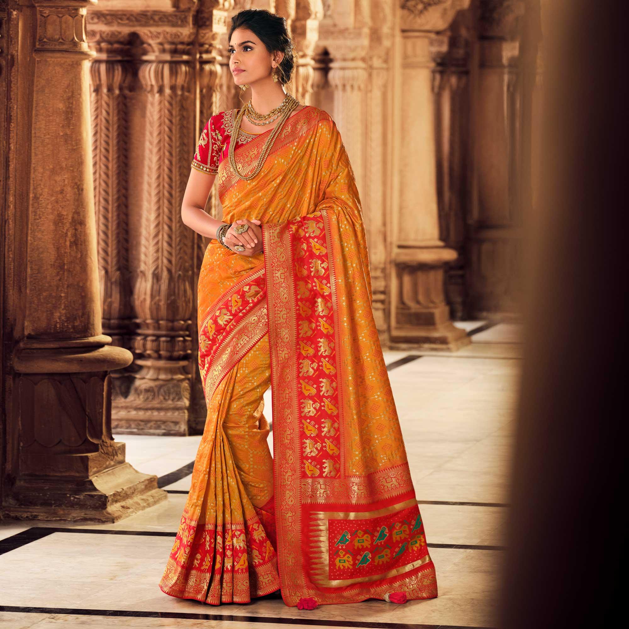 Orange Festive Wear Woven Silk Saree - Peachmode