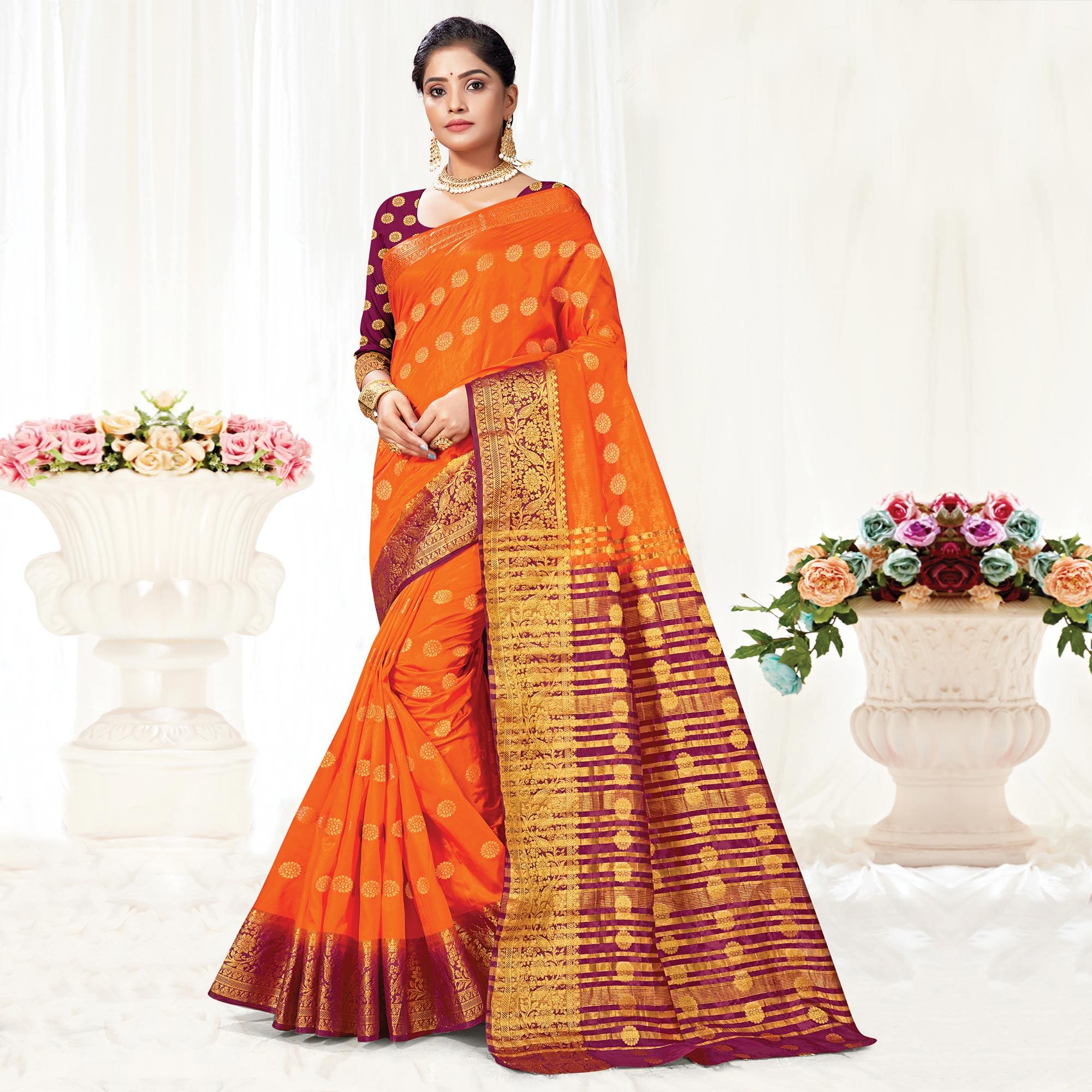 Orange Festive Wear Woven Silk Saree - Peachmode