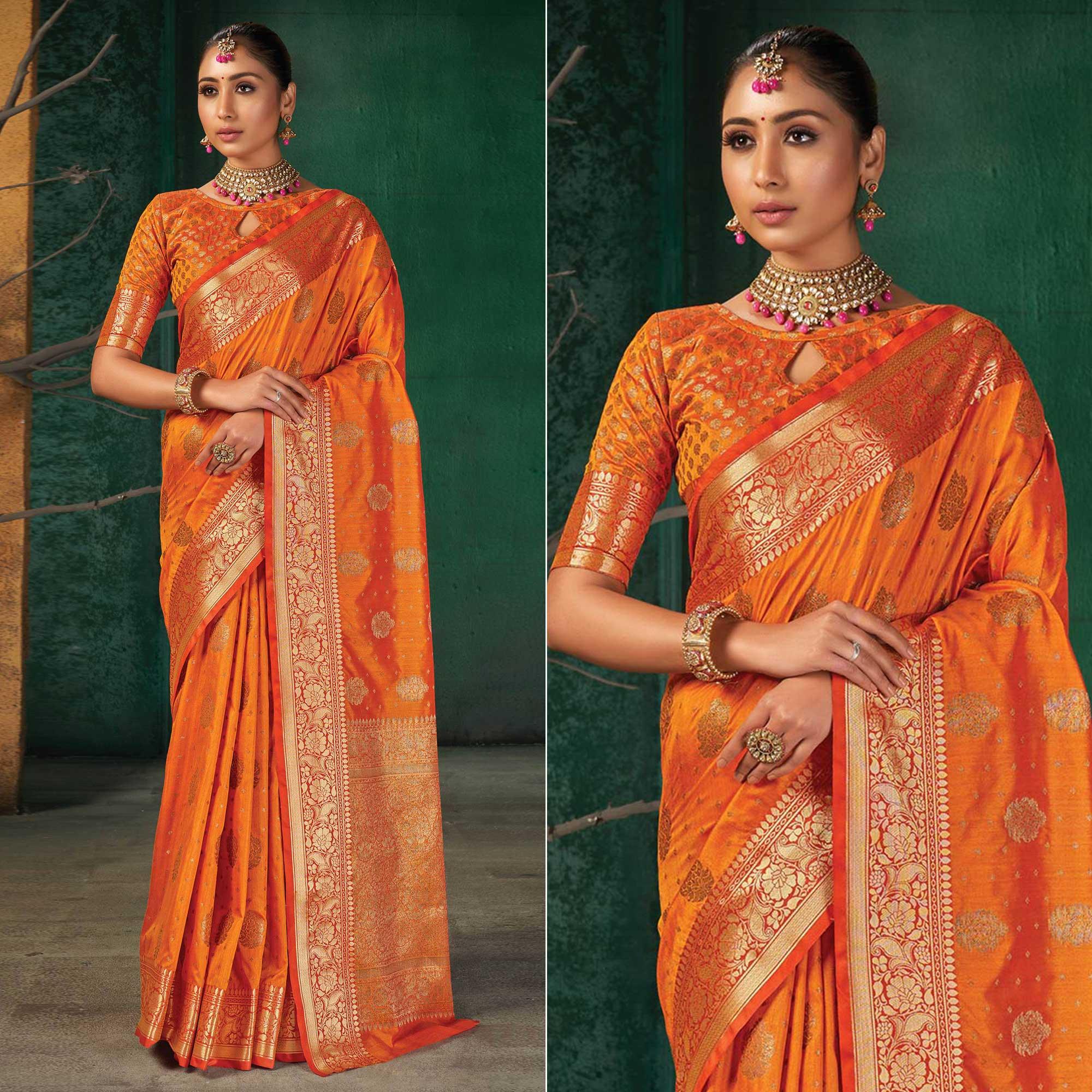 Orange Festive Wear Woven Silk Saree - Peachmode