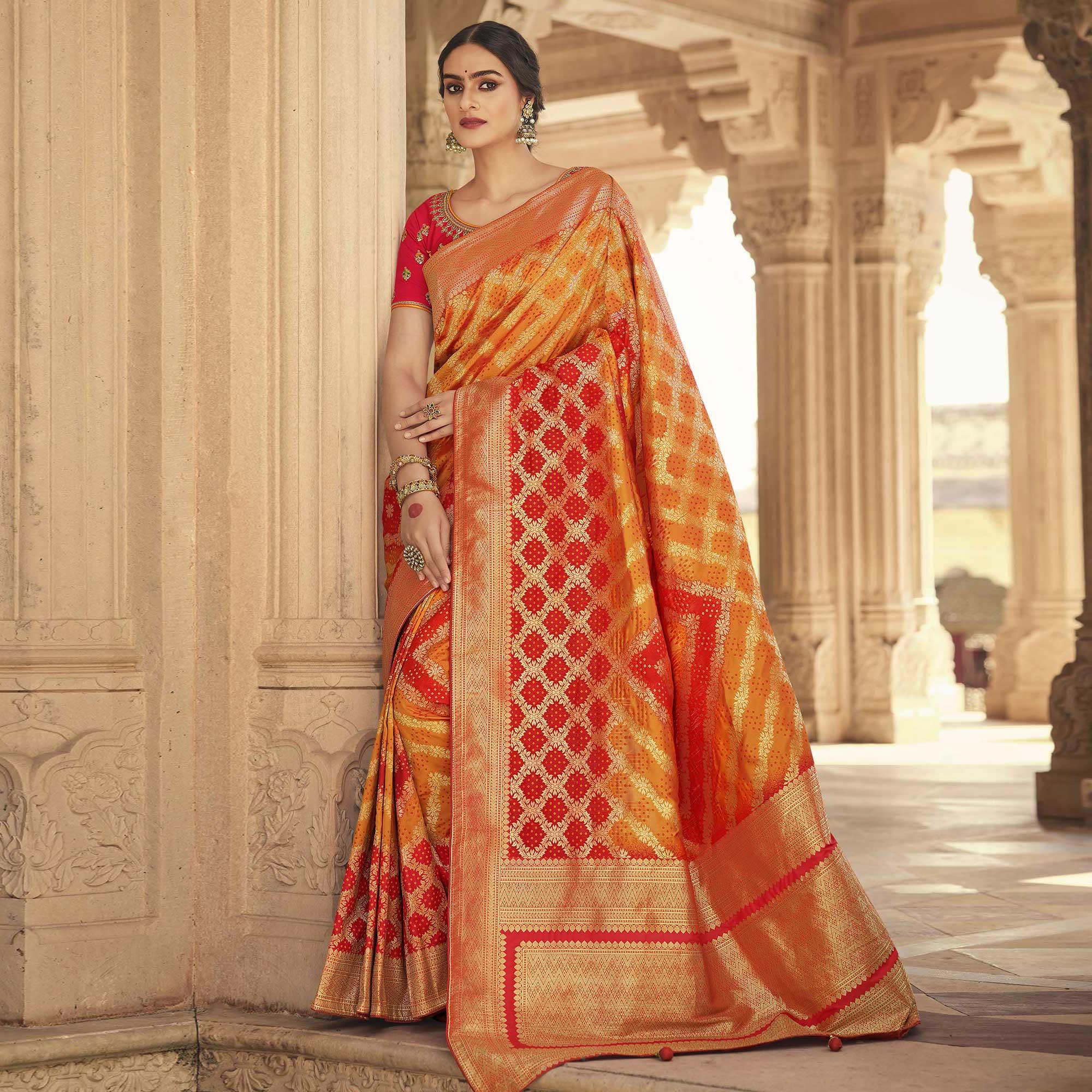 Orange Festive Wear Woven Silk Saree - Peachmode