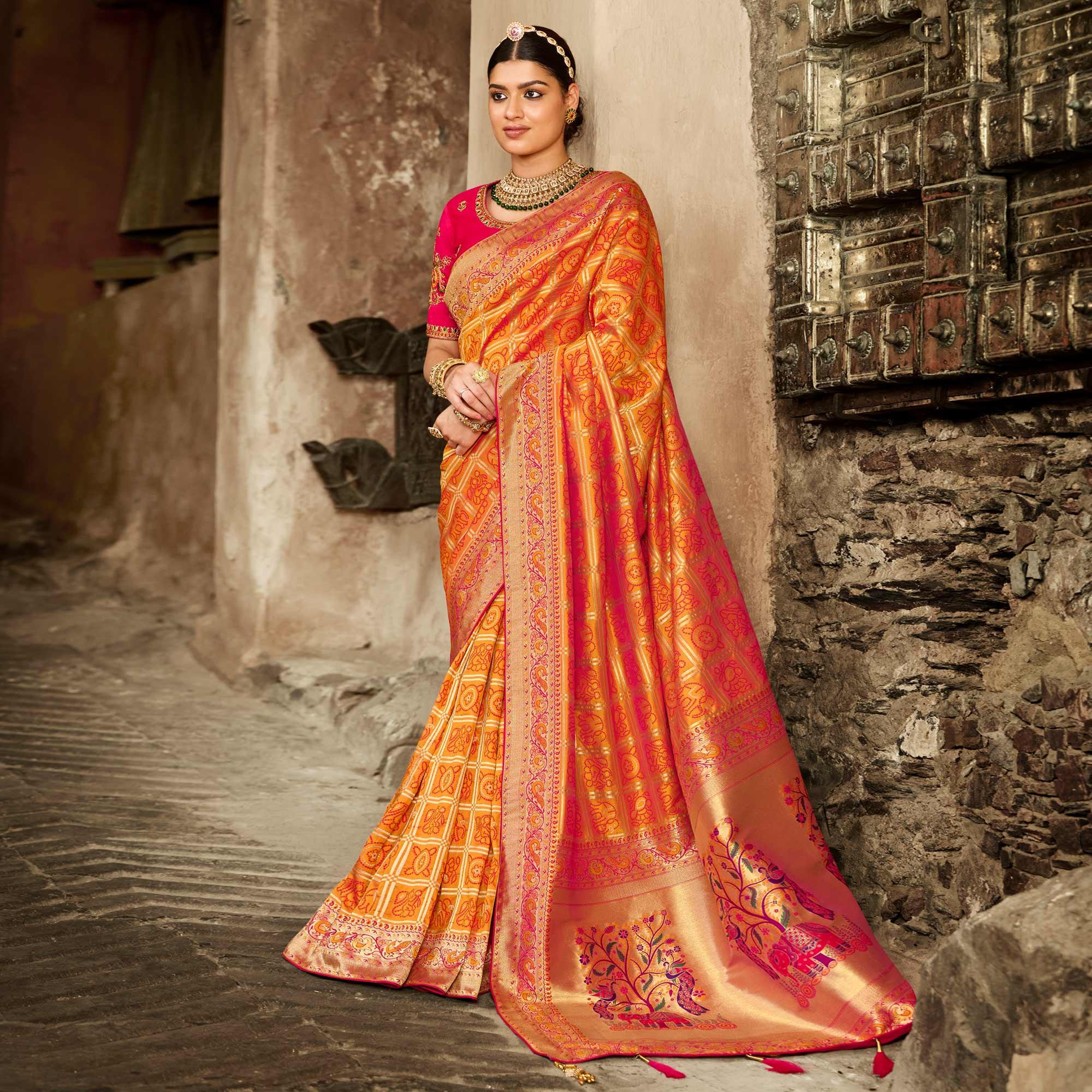 Orange Festive Wear Woven Silk Saree - Peachmode