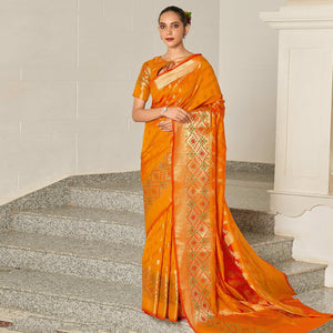 Orange Festive Wear Woven Silk Saree - Peachmode