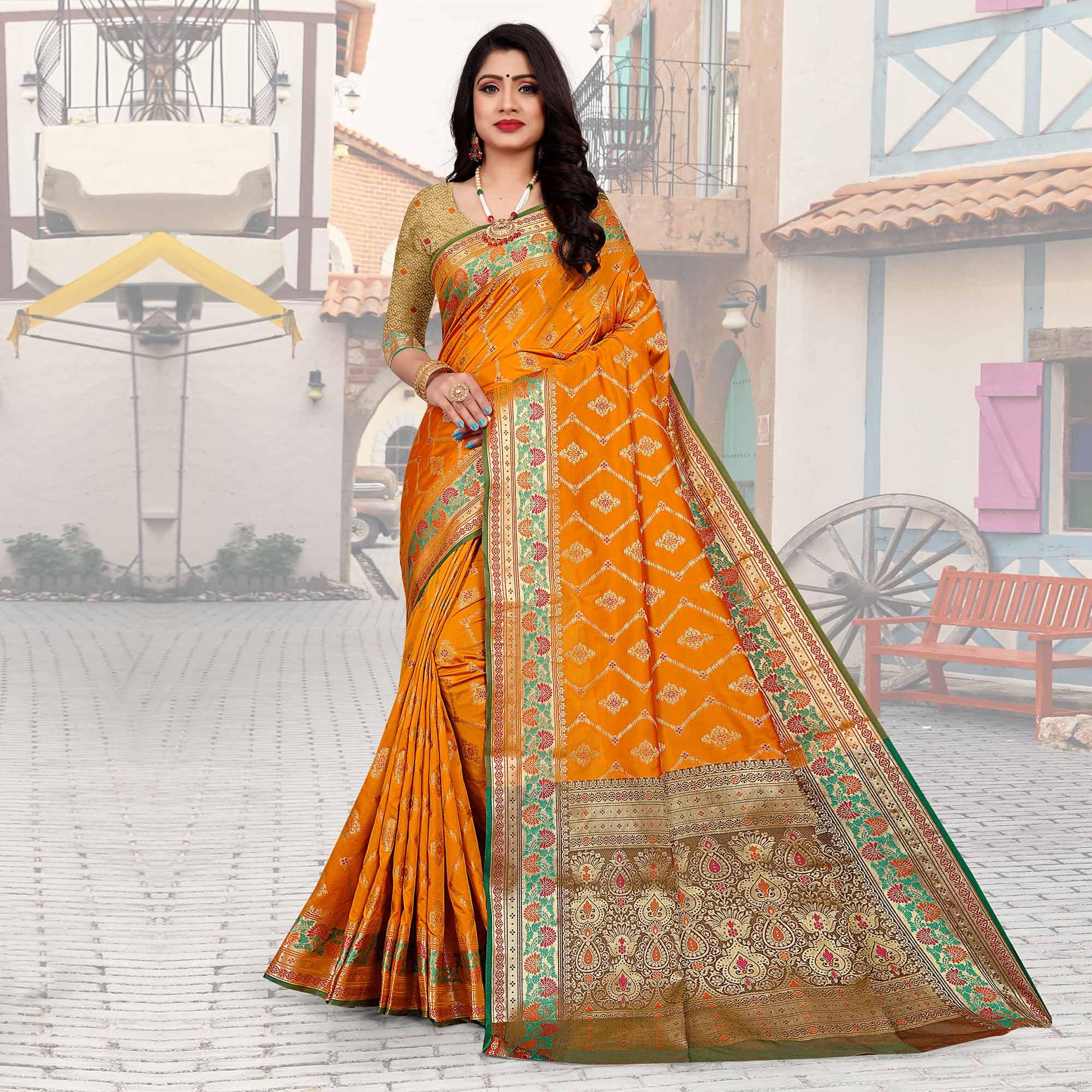 Orange Festive Wear Woven Silk Saree - Peachmode