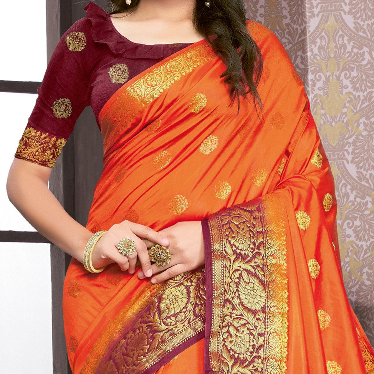 Orange Festive Wear Woven Silk Saree - Peachmode
