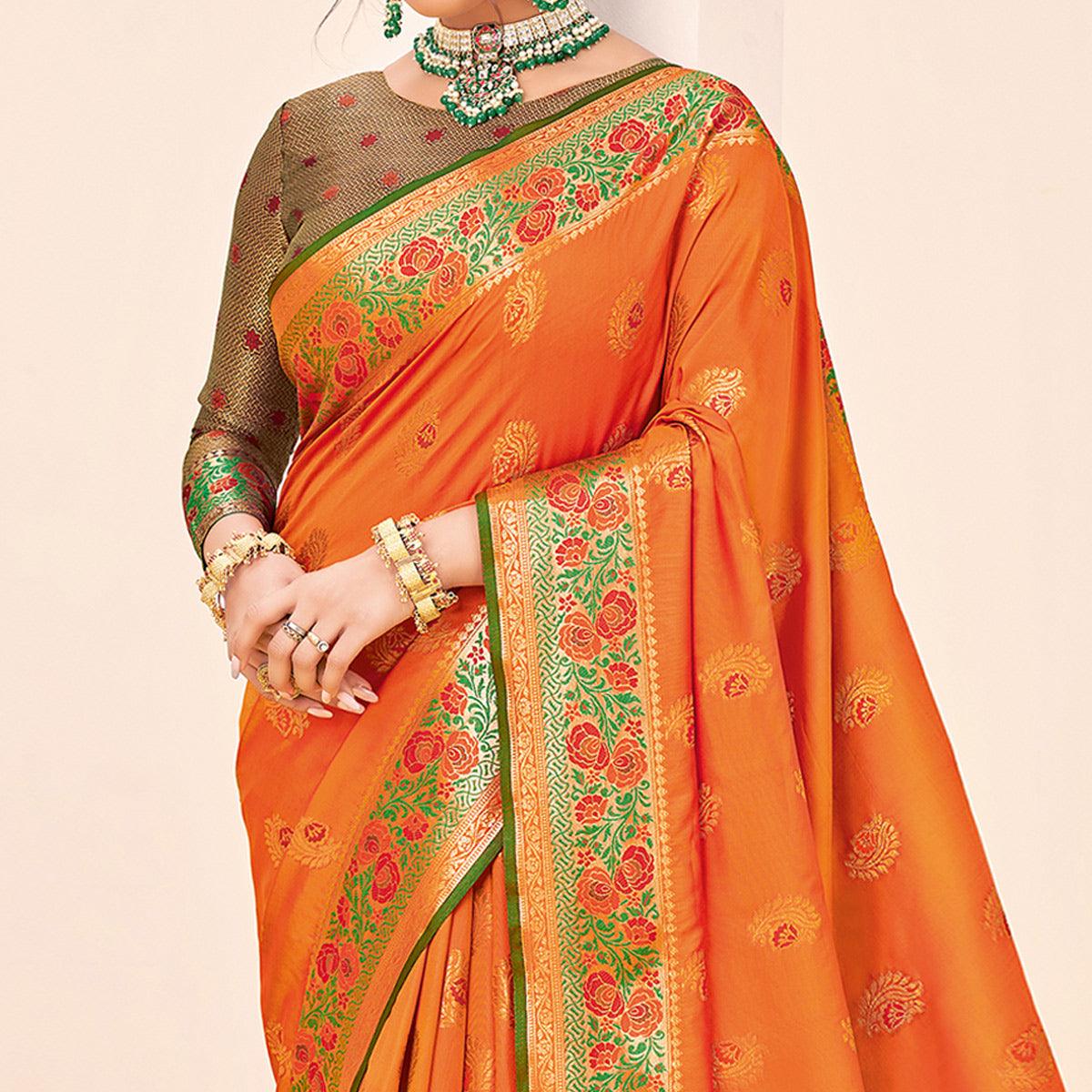 Orange Festive Wear Woven Silk Saree - Peachmode