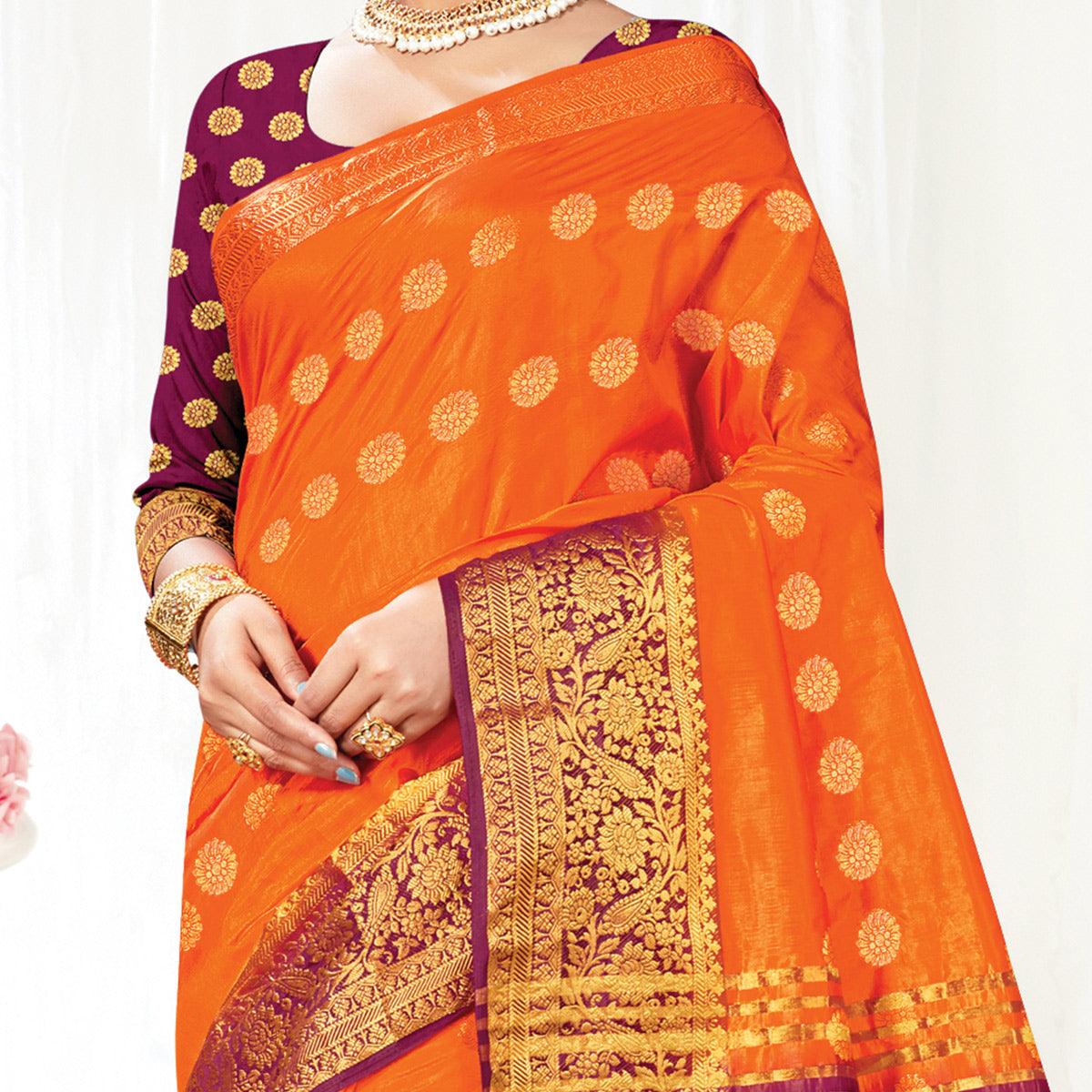 Orange Festive Wear Woven Silk Saree - Peachmode