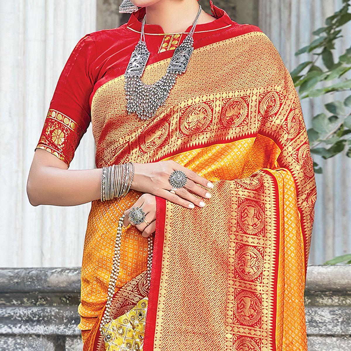 Orange Festive Wear Woven Silk Saree - Peachmode