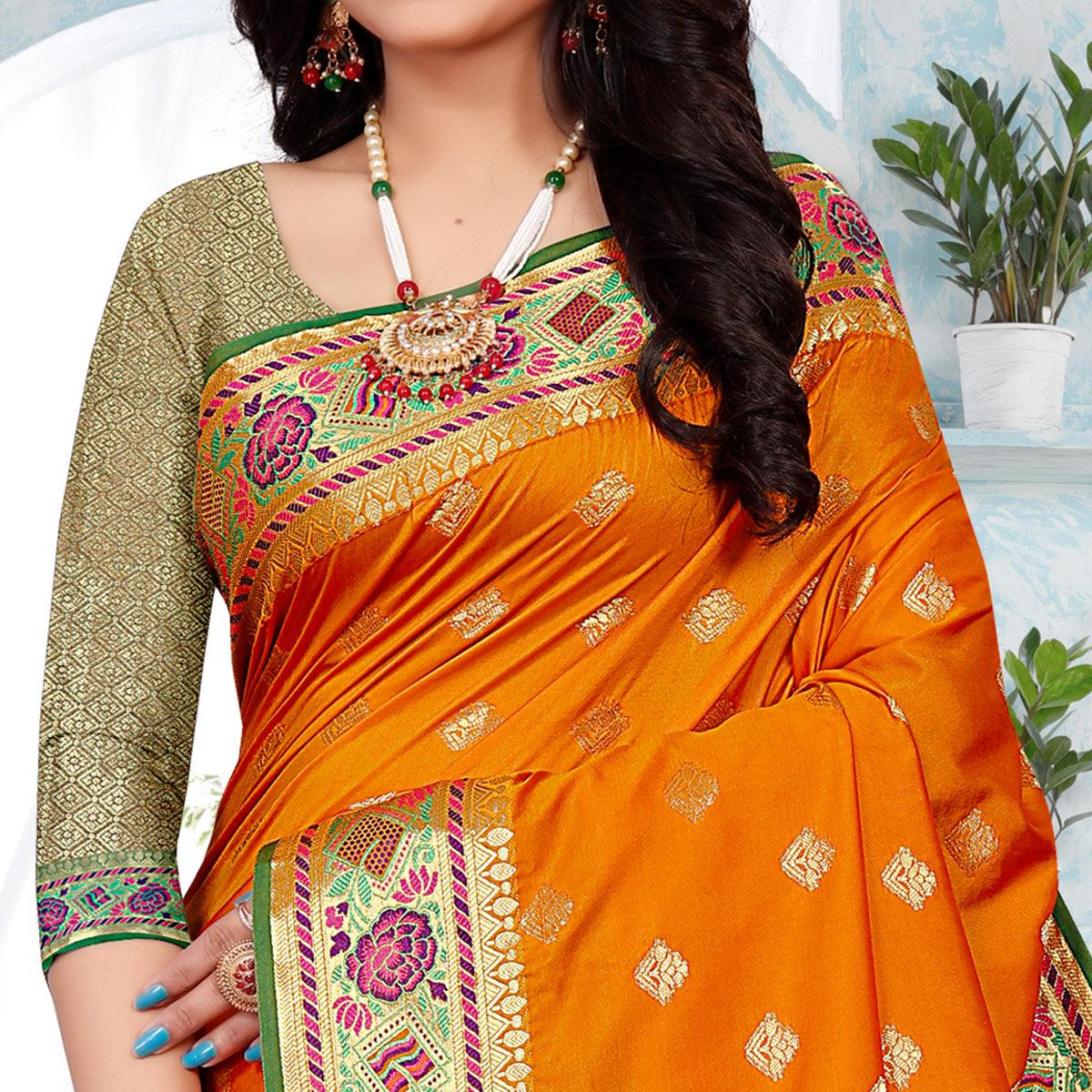 Orange Festive Wear Woven Silk Saree - Peachmode