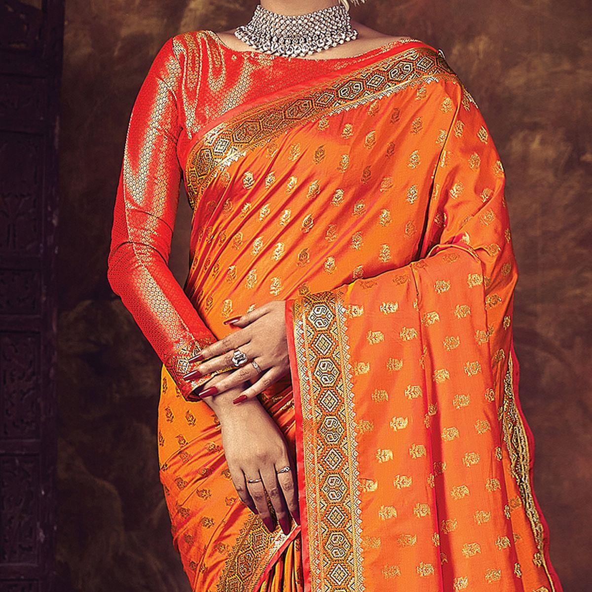 Orange Festive Wear Woven Silk Saree - Peachmode