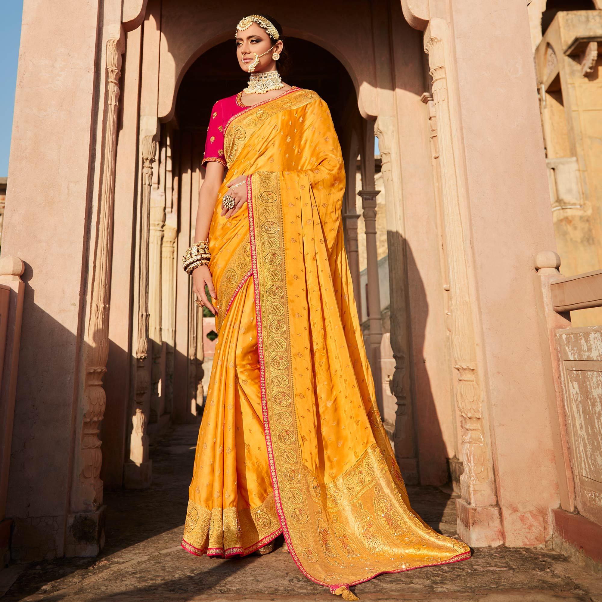 Orange Festive Wear Woven Silk Saree - Peachmode