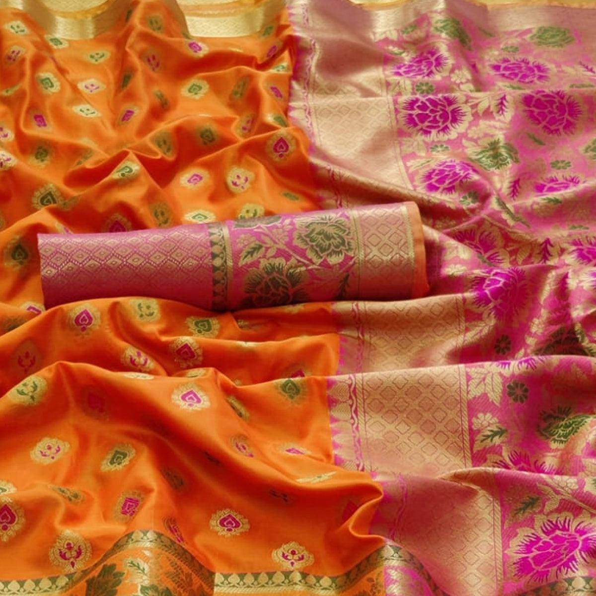 Orange Festive Wear Woven Silk Saree - Peachmode